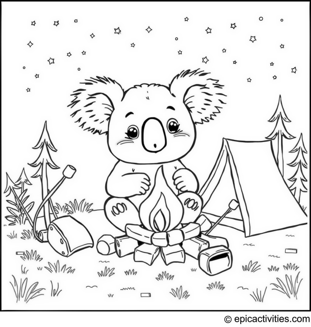 Coloring page of a Koala Camping Adventure