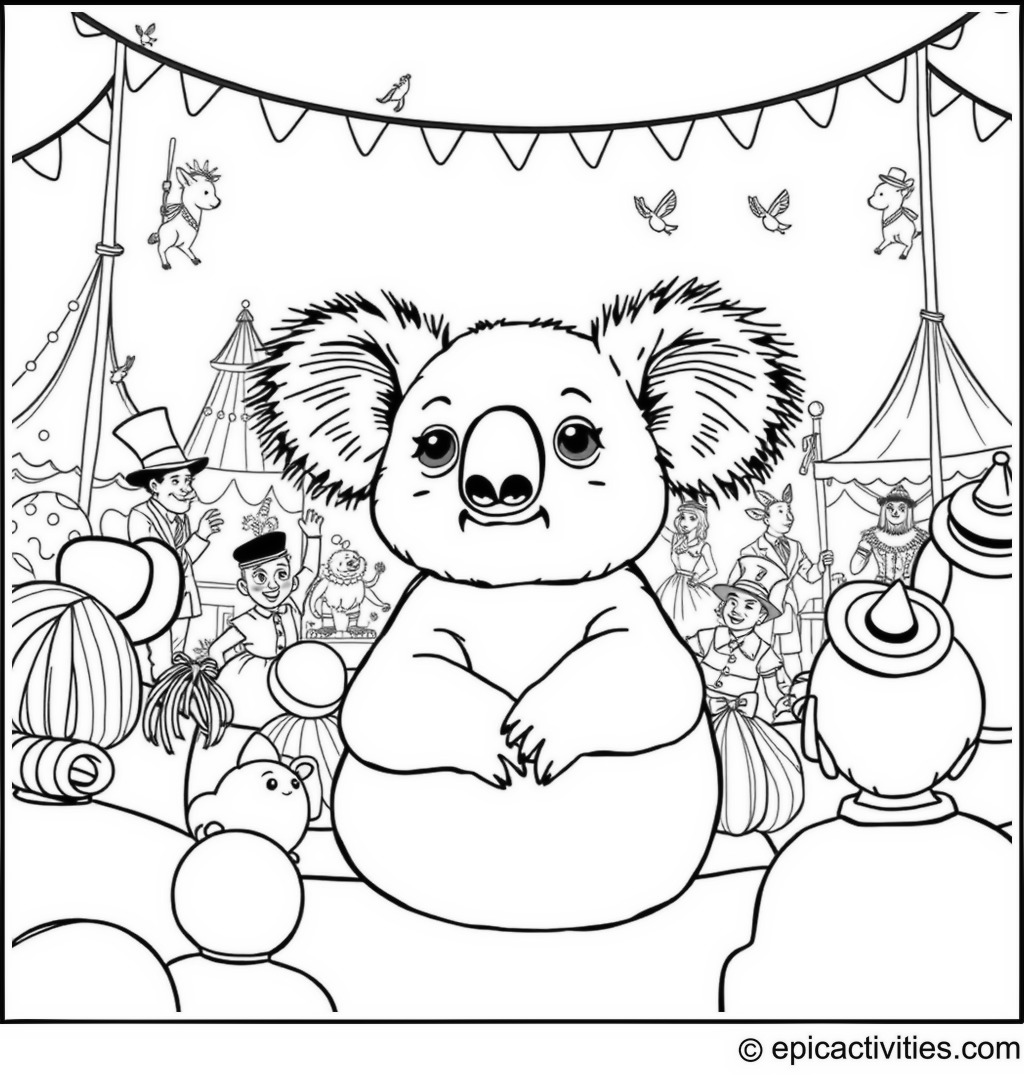 Coloring page of a Koala Enjoying a Circus Performance