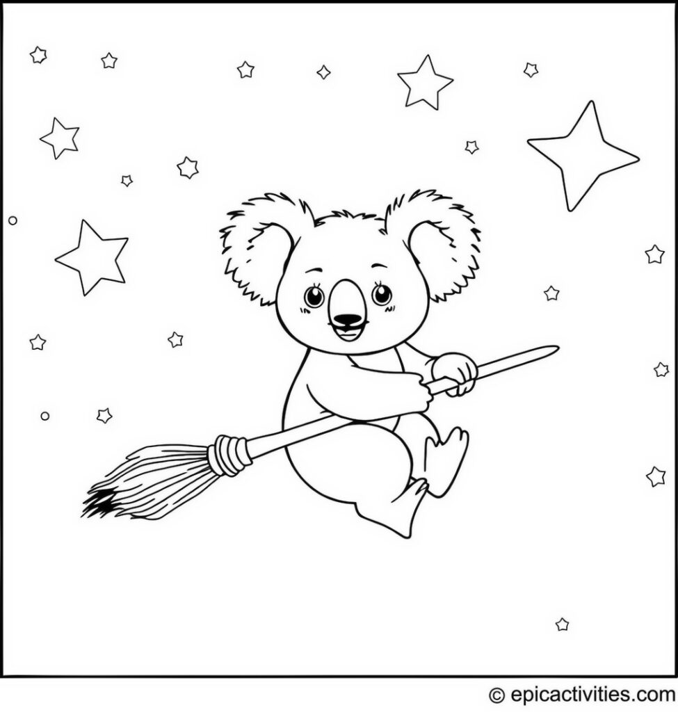 Coloring page of a Koala Flying on a Broomstick in a Starry Sky