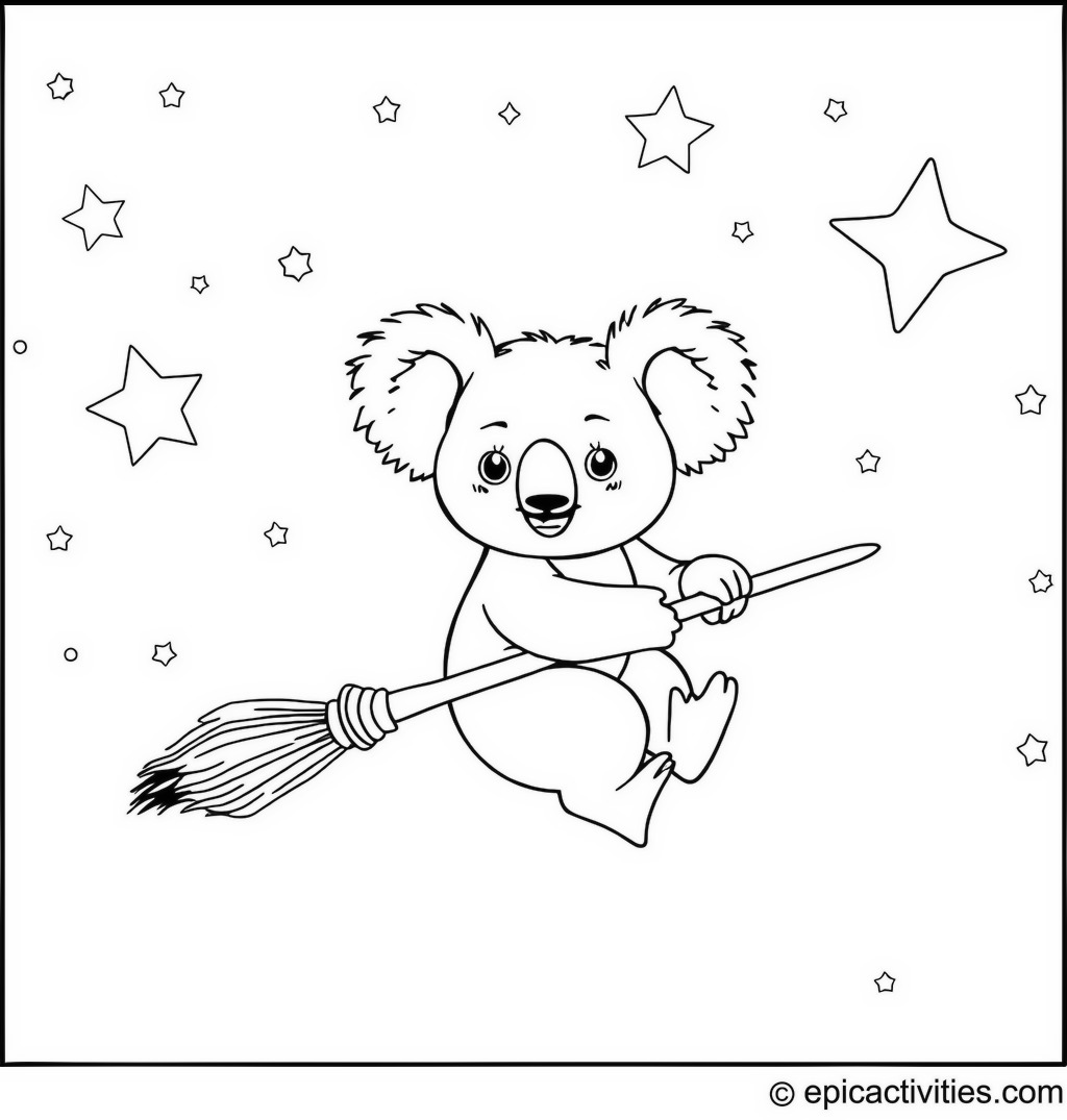 Coloring page of a Koala Flying on a Broomstick in a Starry Sky
