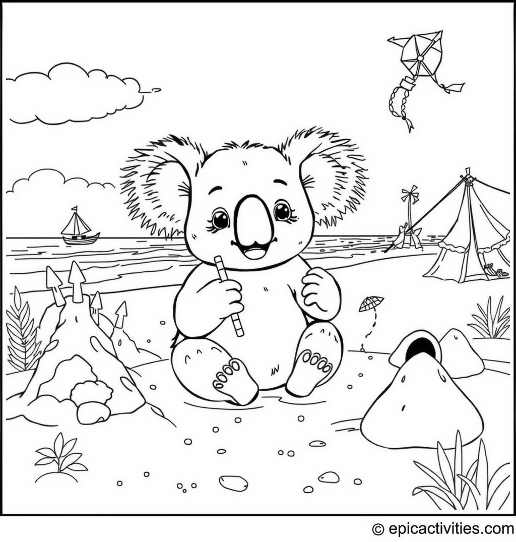 Coloring page of a Koala having a Beach Party
