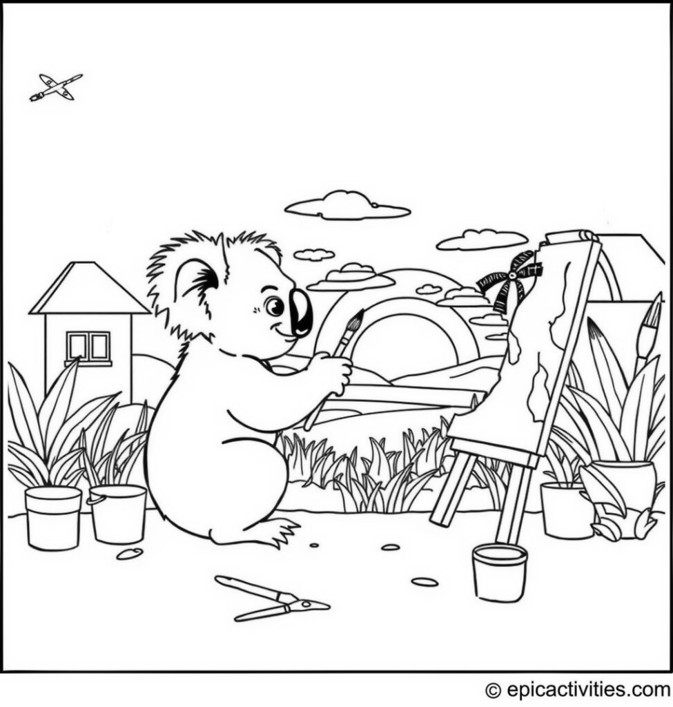 Coloring page of a Koala Painting a Mural of a Sunset