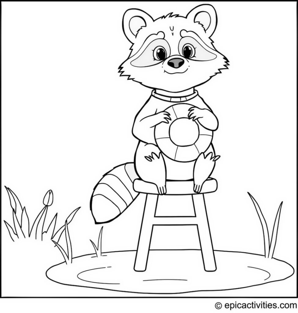 Coloring page of a Lifeguard Raccoon Watching Over a Cartoon Pond