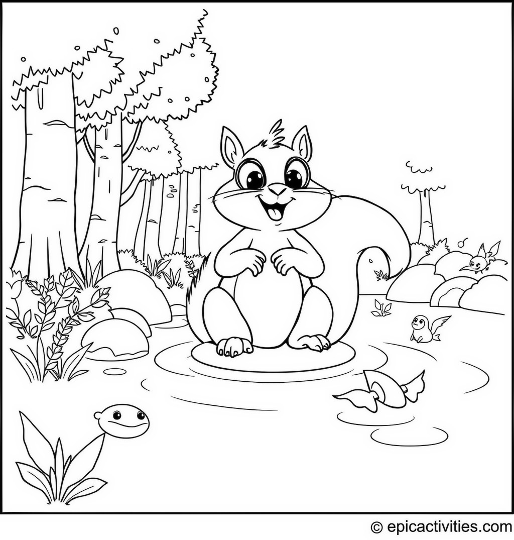 Coloring page of a Lifeguard Squirrel in a Forest Pond