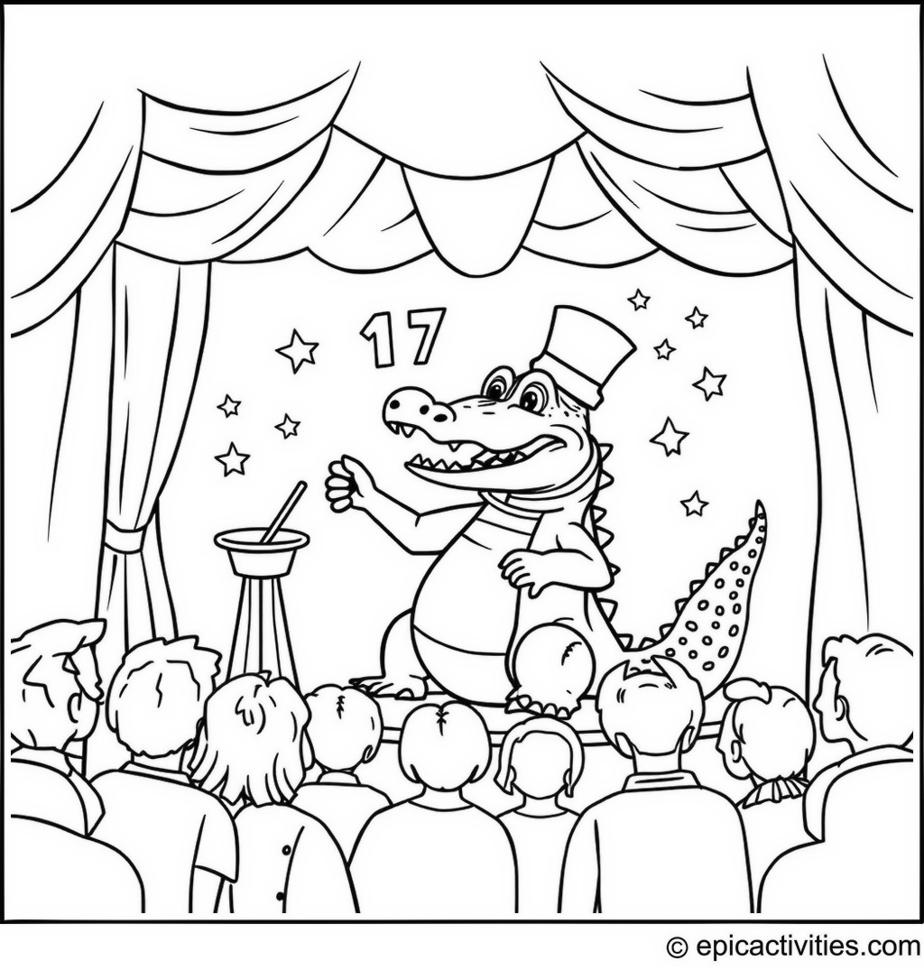 Coloring page of a Magical Alligator Performing Tricks