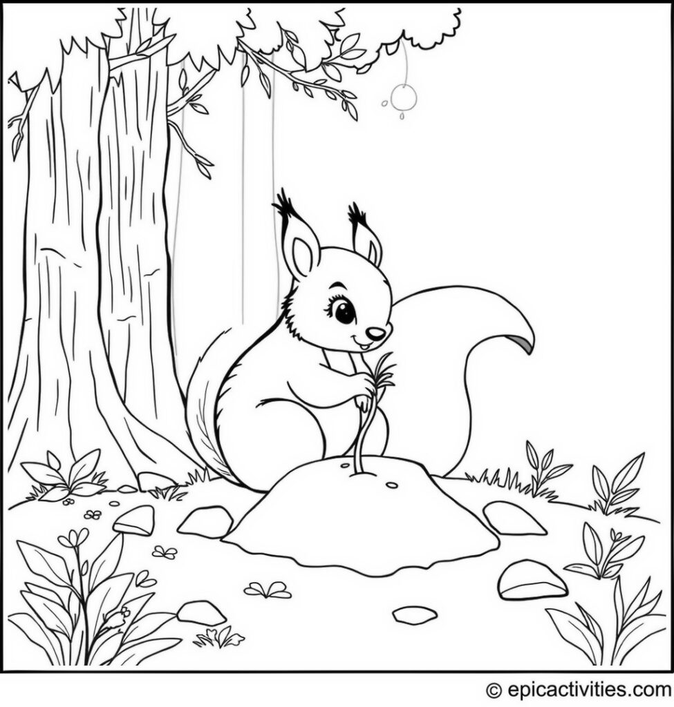 Coloring page of a Magical Squirrel Planting a Sapling in a Mystical Forest