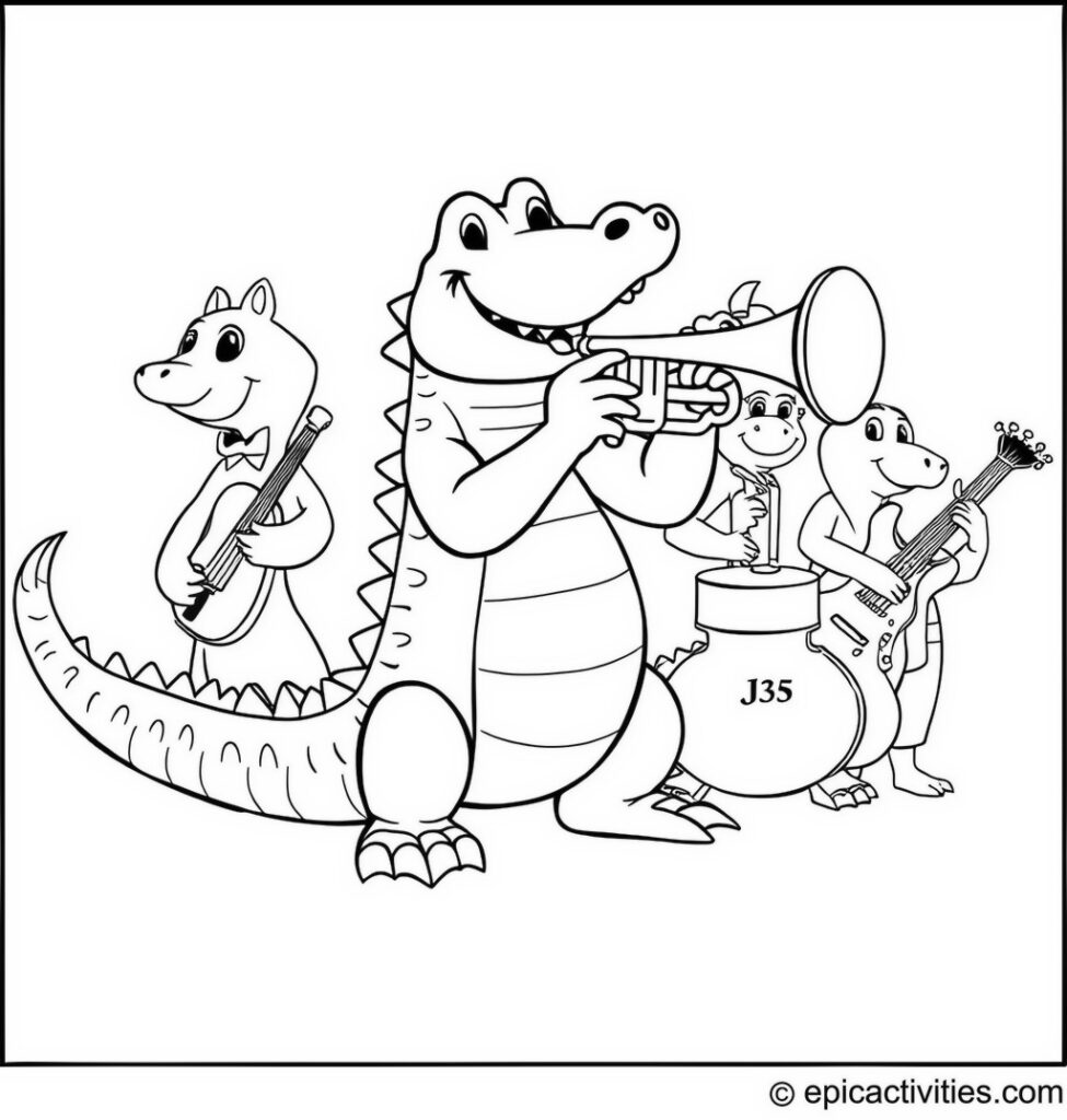 Coloring page of a Musical Alligator Leading a Band