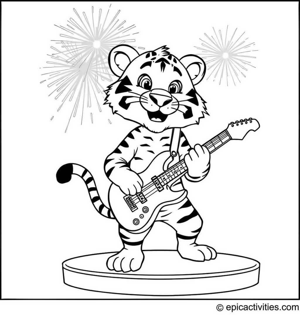 Coloring page of a Musical Tiger on Stage with Fireworks