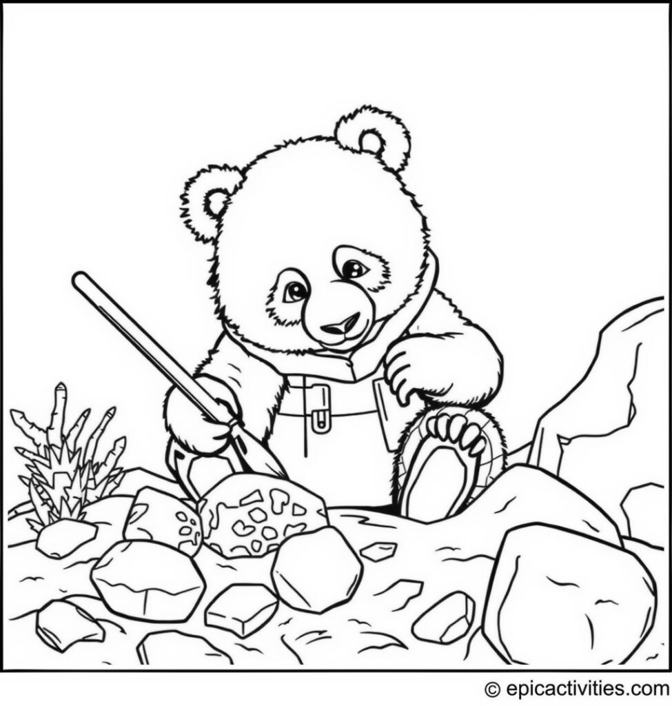 Coloring page of a Panda Archaeologist Unearthing Dinosaur Fossils