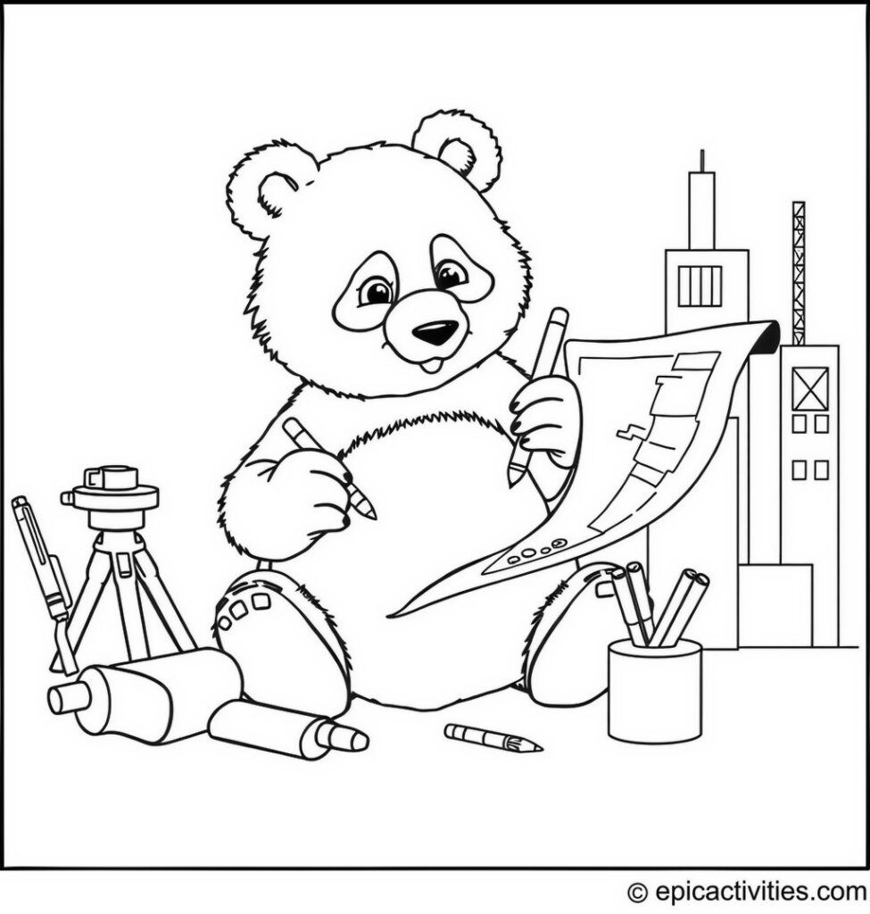 Coloring page of a Panda Architect Designing a Building