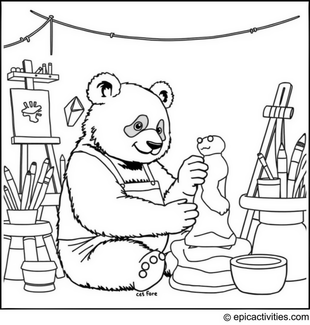 Coloring page of a Panda Artist Creating a Clay Statue in a Whimsical Art Studio