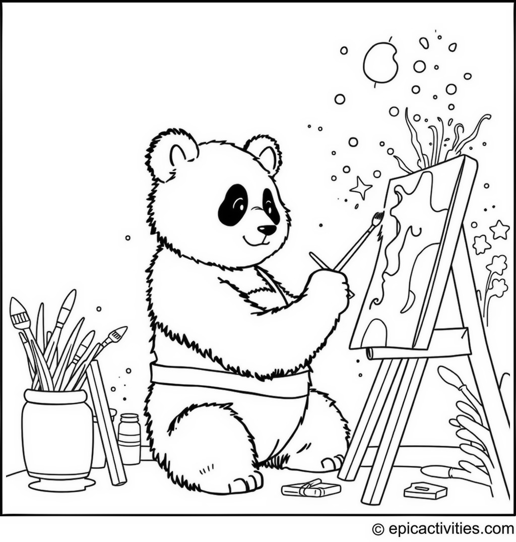 Coloring page of a Panda Artist Painting a Colorful Mural
