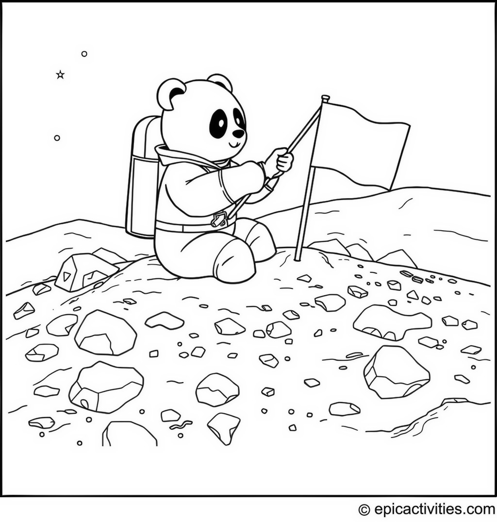 Coloring page of a Panda Astronaut Planting a Flag on the Moon