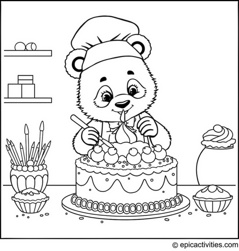 Coloring page of a Panda Baker Decorating a Cake
