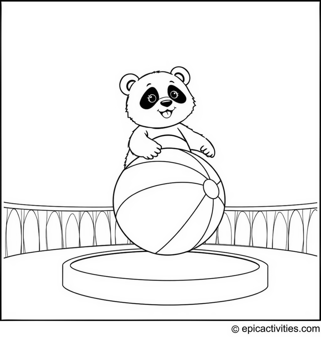 Coloring page of a Panda Balancing on a Beach Ball at the Circus