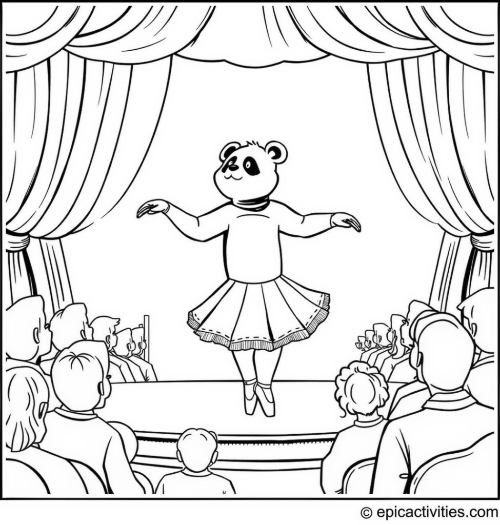 Coloring page of a panda ballet dancer performing on a detailed stage