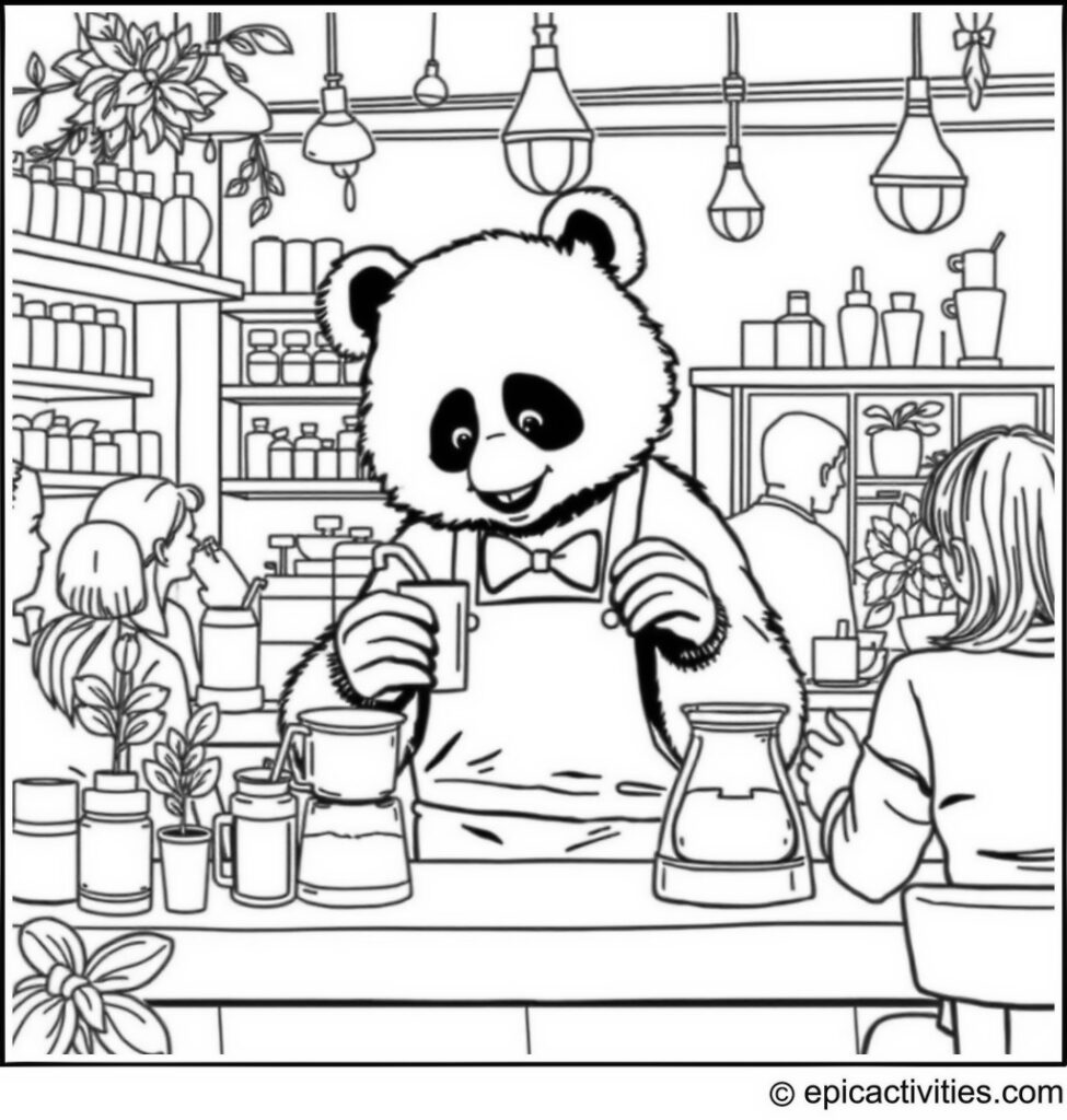 Coloring page of a Panda Barista at a Fancy Coffee Café