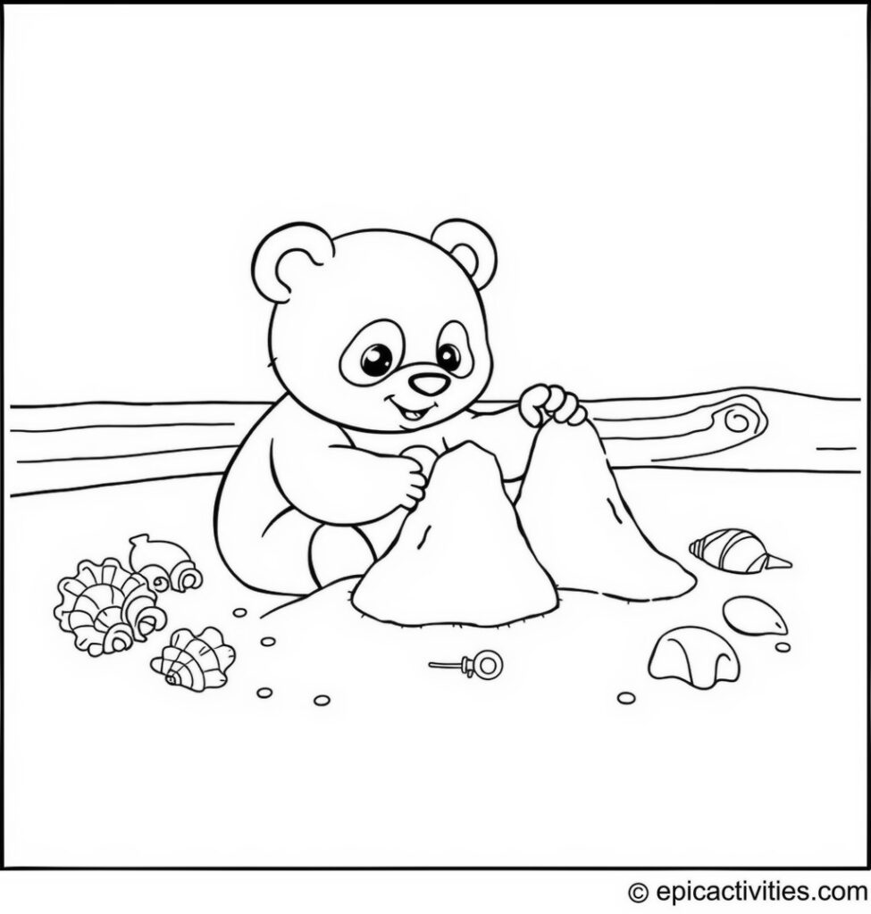 Coloring page of a Panda Building a Sandcastle on a Sunny Beach