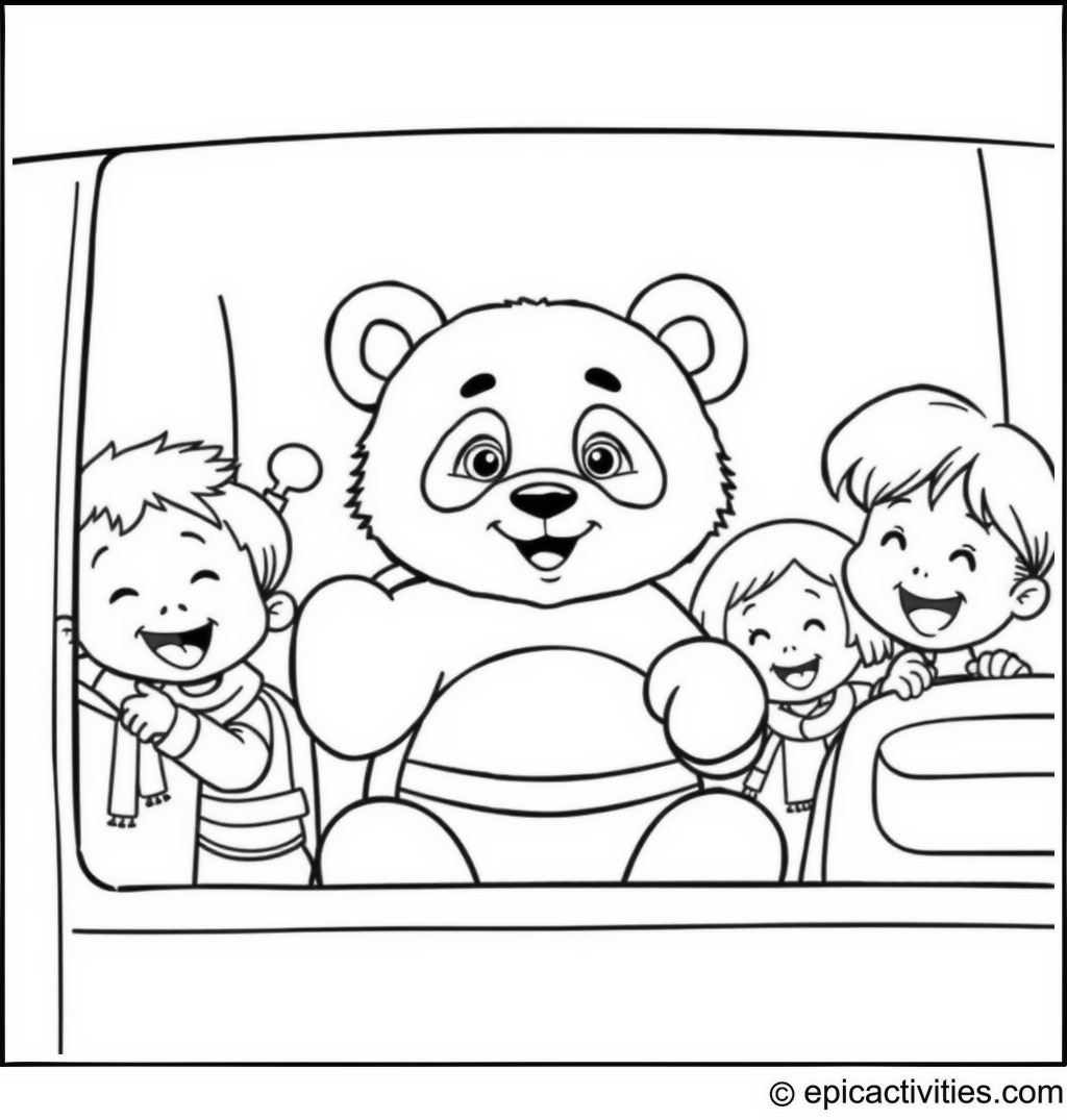 Coloring page of a Panda Bus Driver with Children Boarding