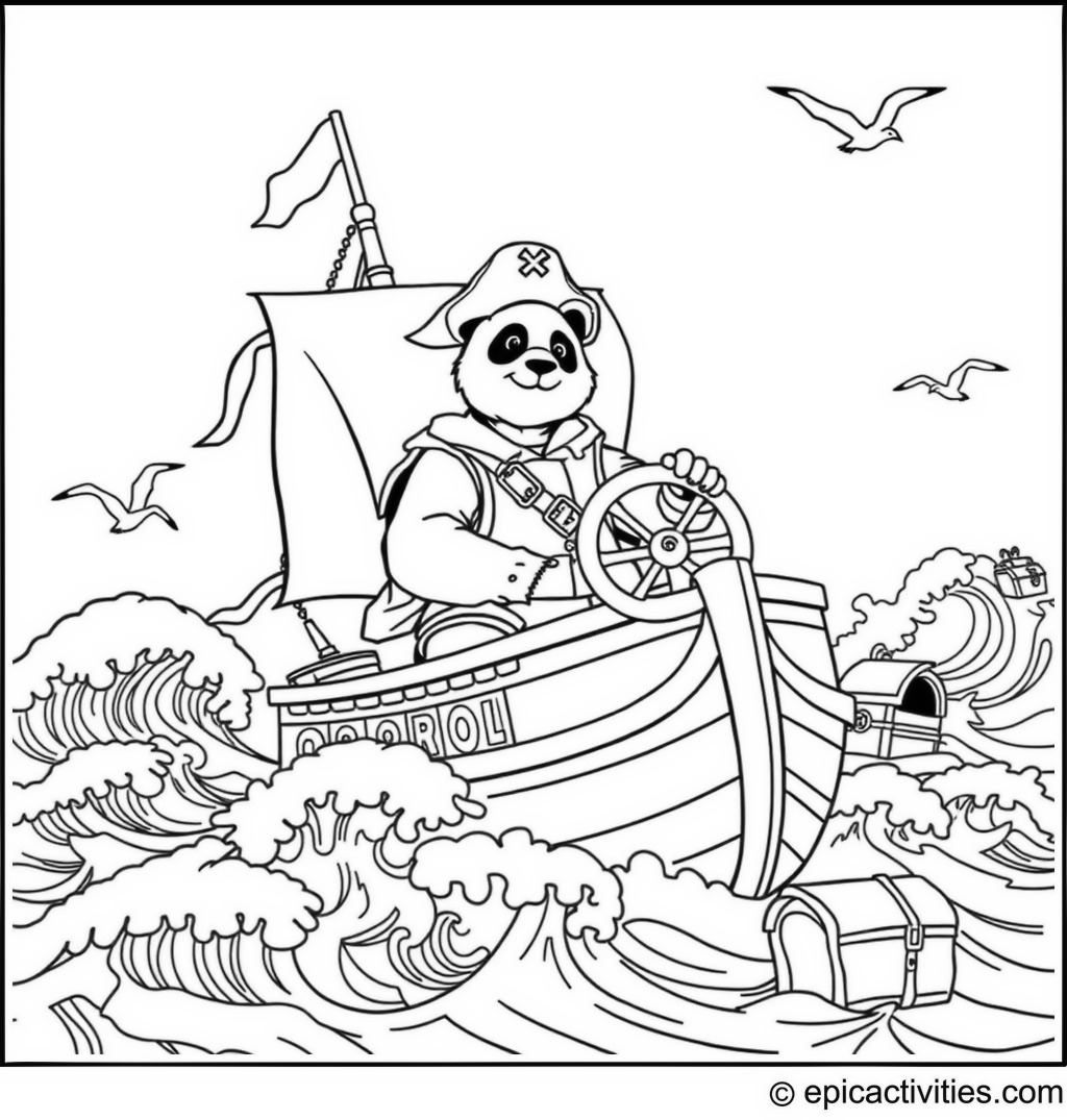 Coloring page of a Panda Captain on a Pirate Ship at Sea