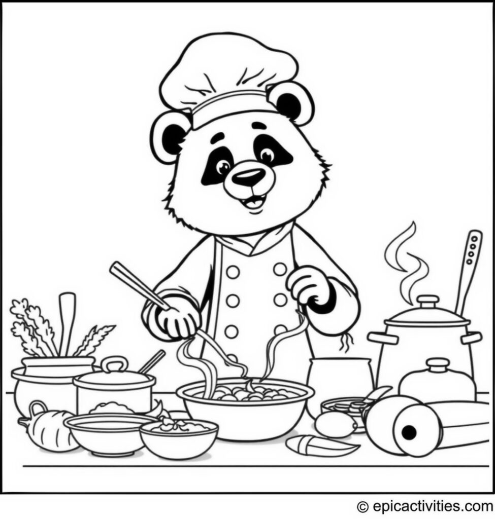 Coloring page of a Panda Chef Cooking a Gourmet Meal