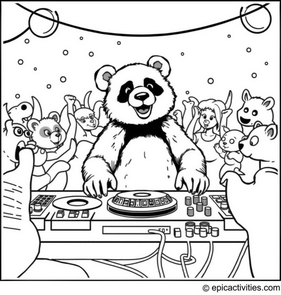 Coloring page of a Panda DJ at a Colorful Dance Party