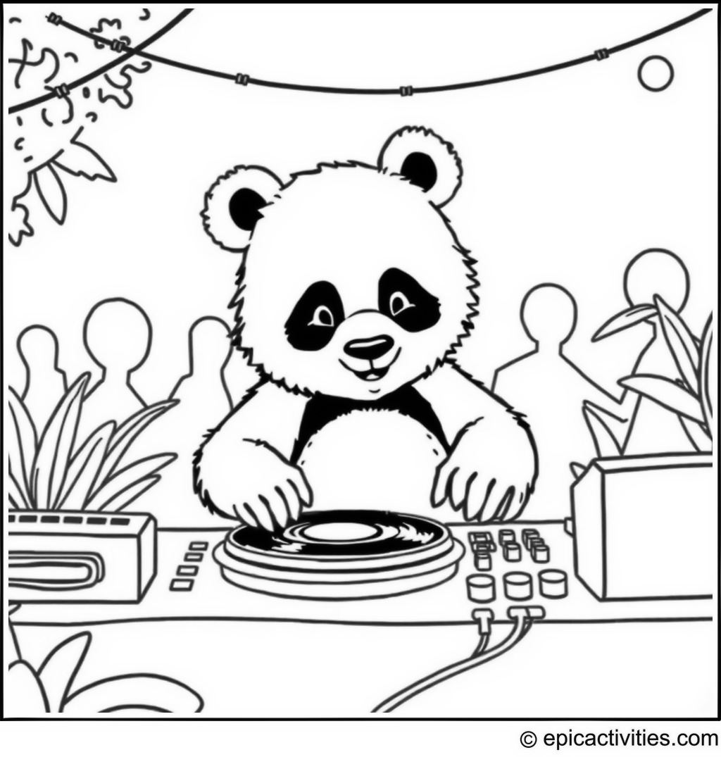 Coloring page of a Panda DJ spinning records at an outdoor dance party