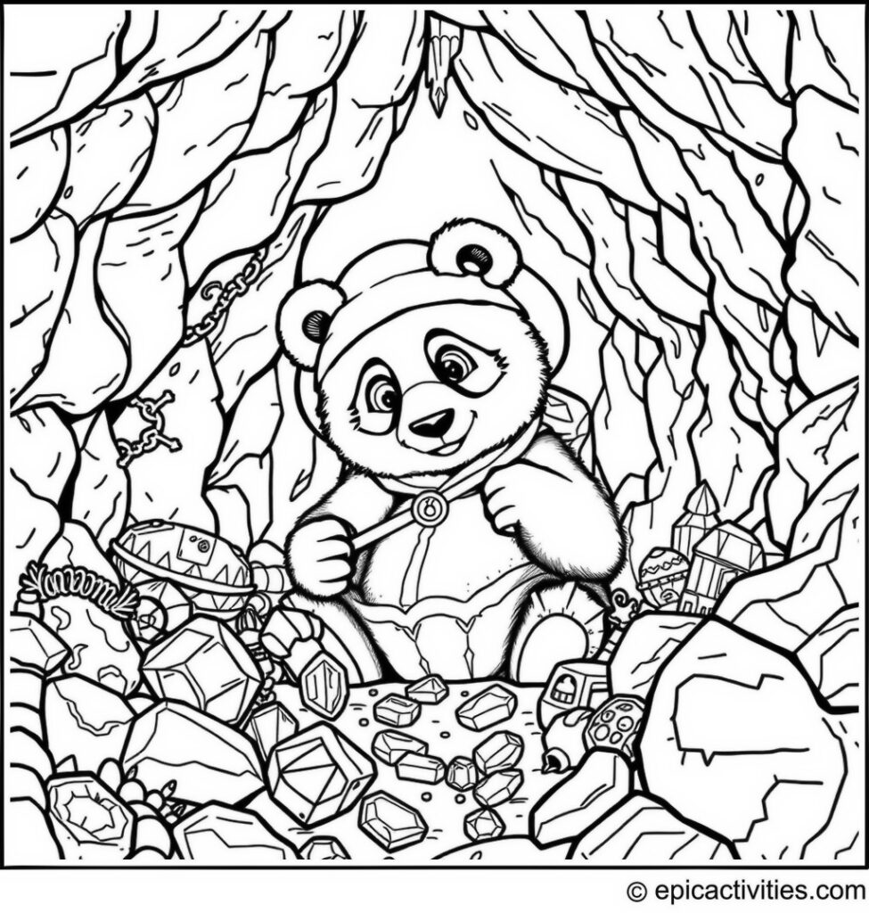 Coloring page of a Panda Explorer Discovering Treasure in a Cave