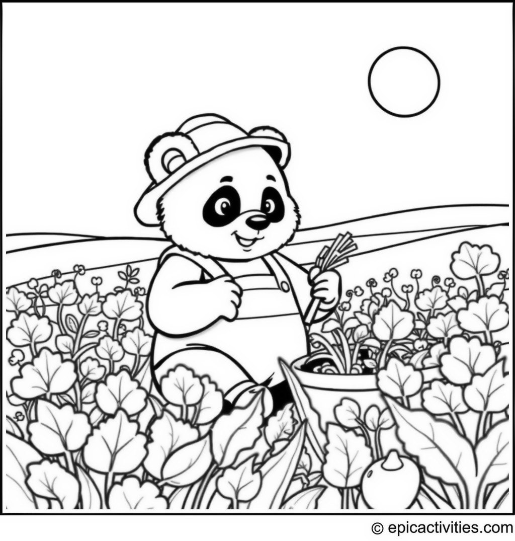 Coloring page of a Panda Farmer Harvesting Cartoon Vegetables