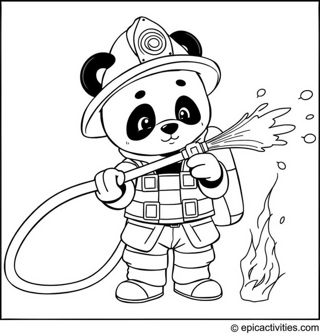 Coloring page of a Panda Firefighter Putting Out a Fire