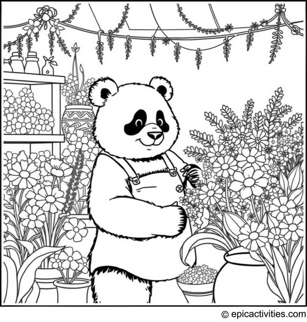 Coloring page of a Panda Florist Arranging Bouquet of Flowers in a Whimsical Shop