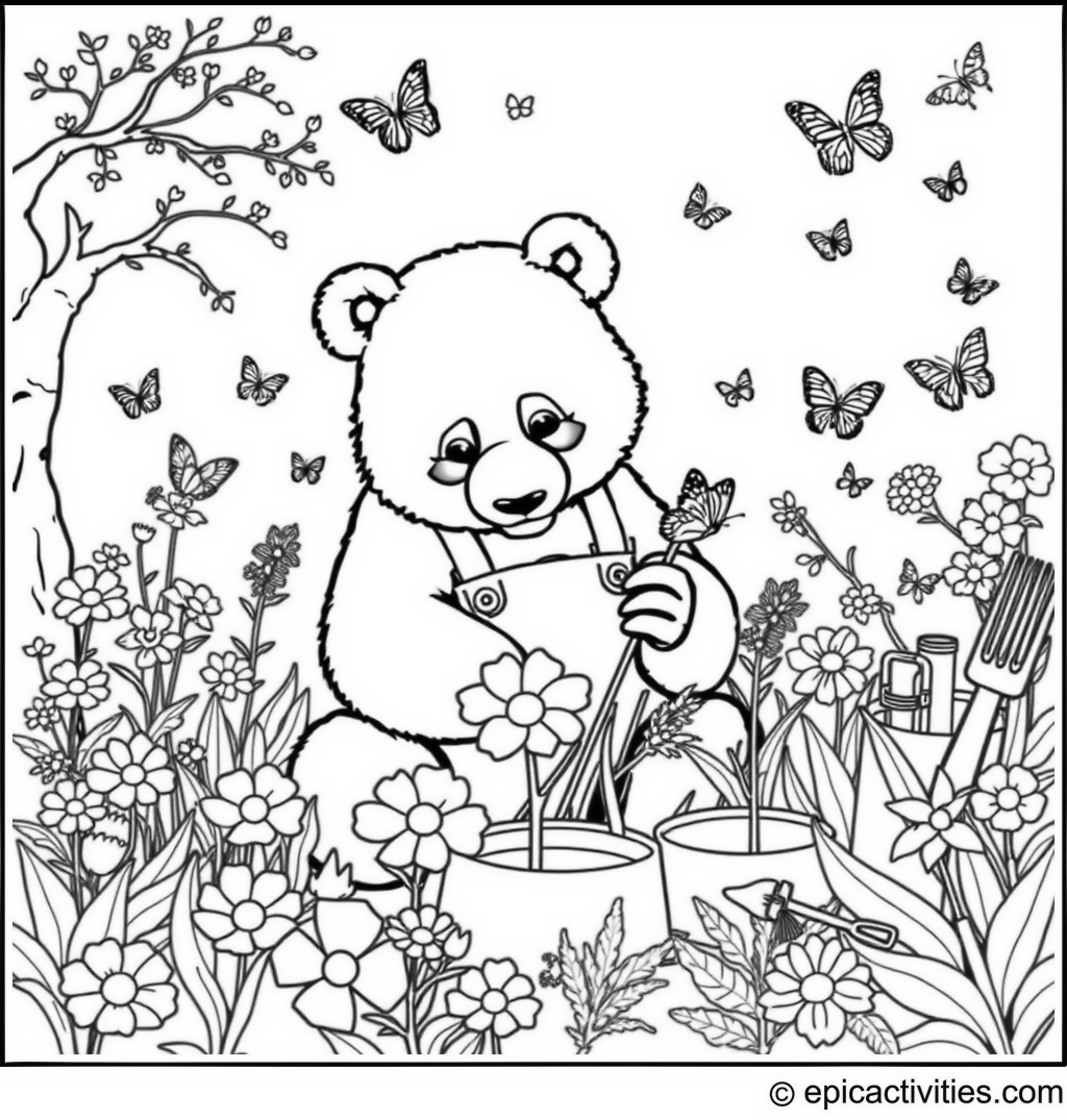 Coloring page of a Panda Gardener Planting Flowers