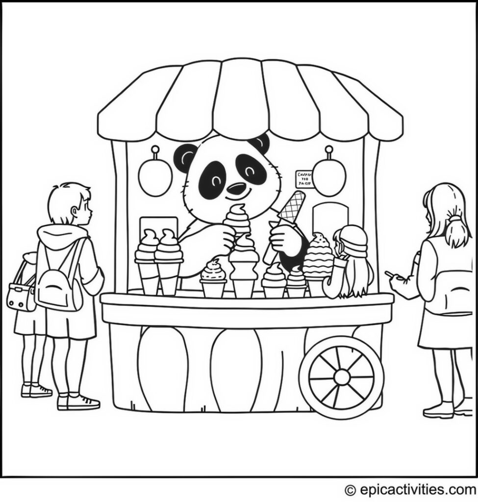 Coloring page of a Panda Ice Cream Vendor