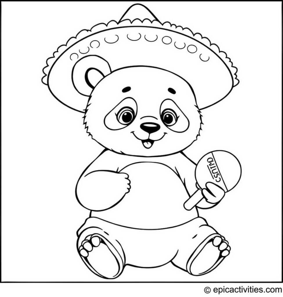 Coloring page of a Panda in a Sombrero Playing Maracas in a Fiesta