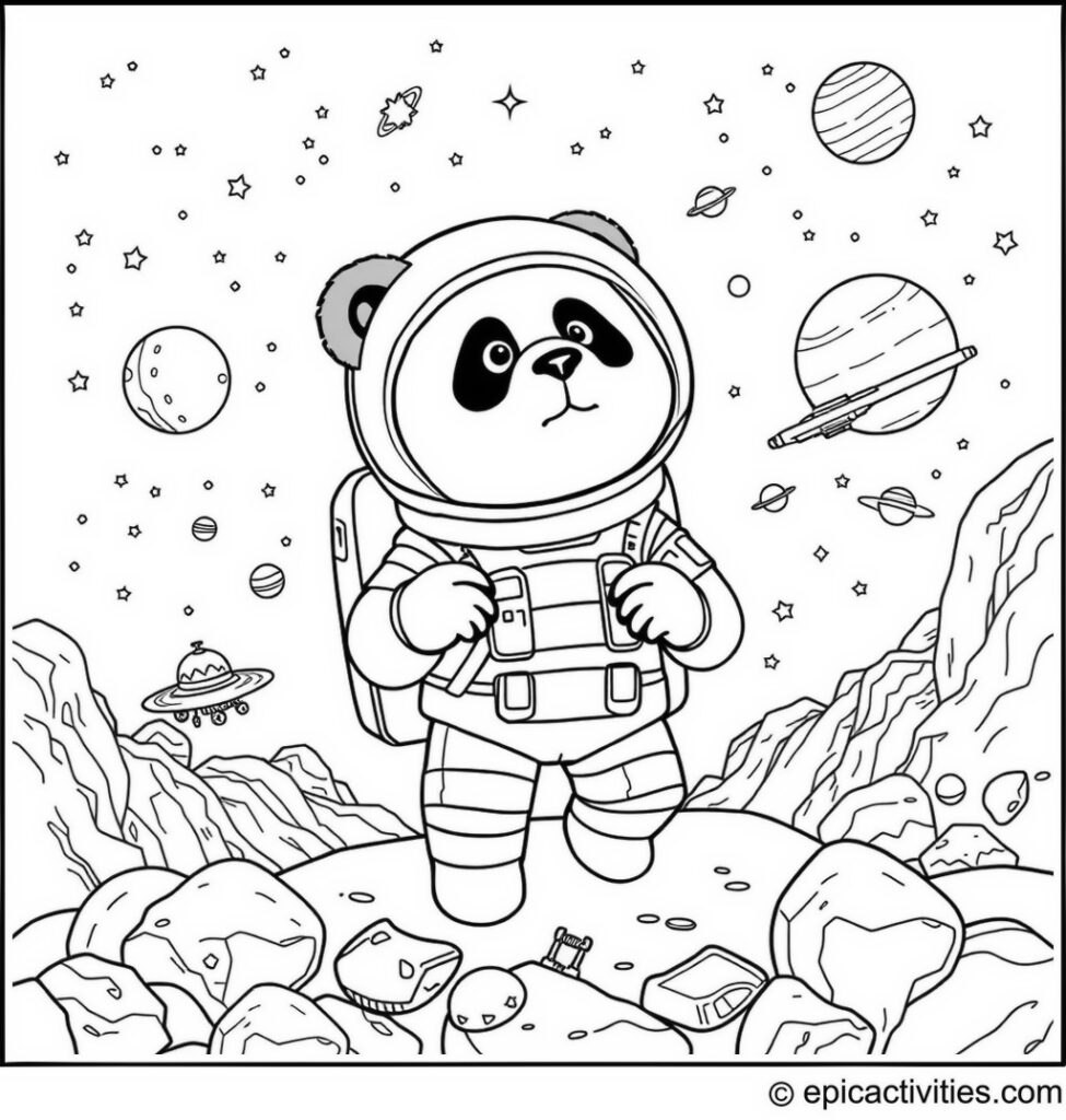 Coloring page of a Panda in an Astronaut Suit Exploring a Distant Planet