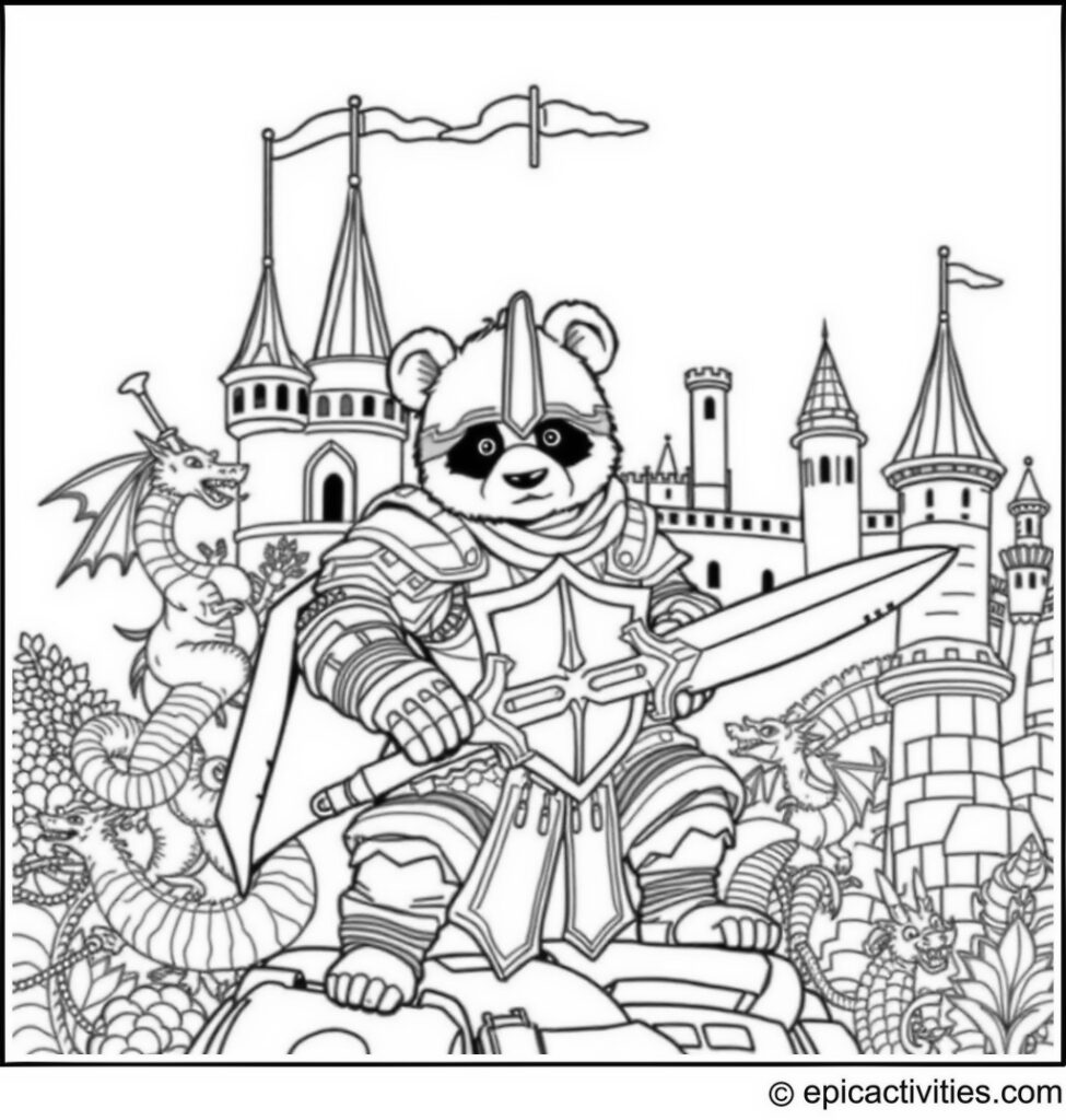 Coloring page of a Panda Knight Defending a Castle with Dragons and Medieval Weapons