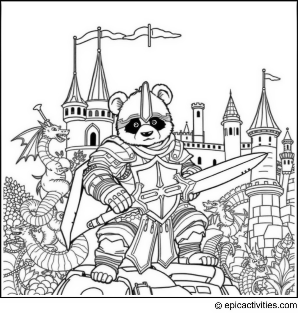 Coloring page of a Panda Knight Defending a Castle with Dragons and Medieval Weapons