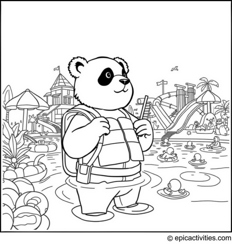 Coloring page of a Panda Lifeguard at a Colorful Pool
