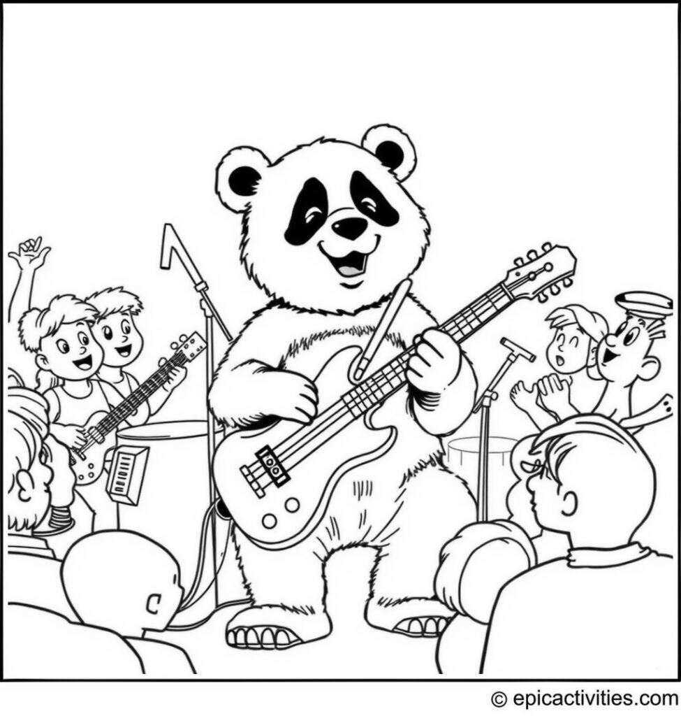Coloring page of a Panda Musician in a Whimsical Band