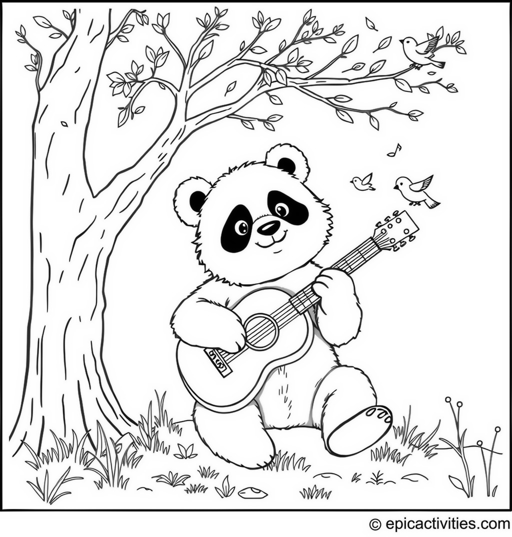Coloring page of a Panda Playing Guitar with Birds Singing Under a Tree