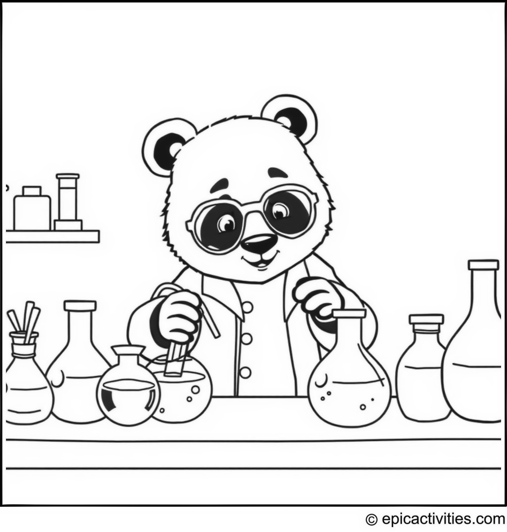 Coloring page of a Panda Scientist Mixing Colorful Potions in a Cartoon Laboratory