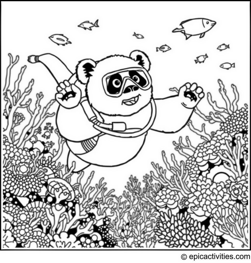 Coloring page of a Panda Scuba Diving in a Colorful Coral Reef