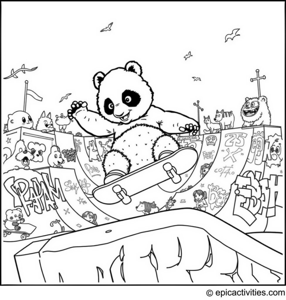 Coloring page of a Panda Skateboarder in a Skate Park