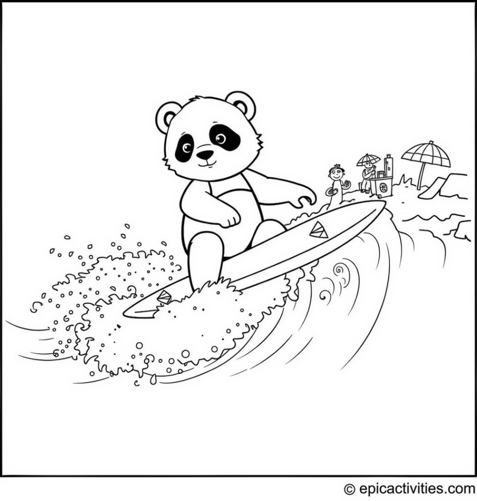 Coloring page of a Panda Surfer Riding an Exciting Wave