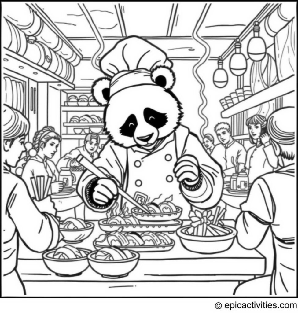 Coloring page of a Panda Sushi Chef in a Sushi Bar