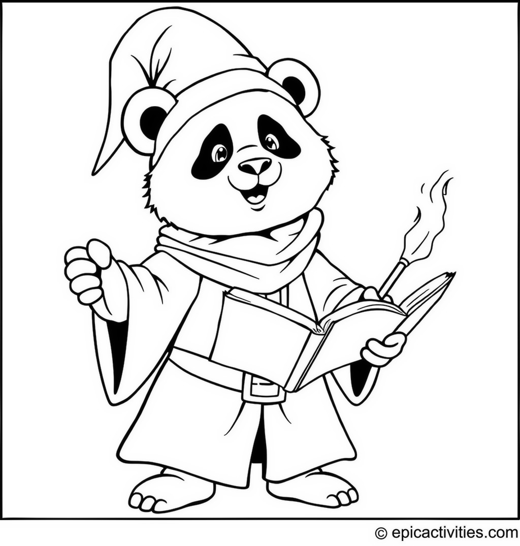 Coloring page of a Panda Wizard with Magical Wand and Spellbook