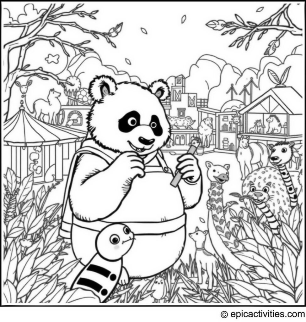 Coloring page of a Panda Zookeeper in a Detailed Zoo