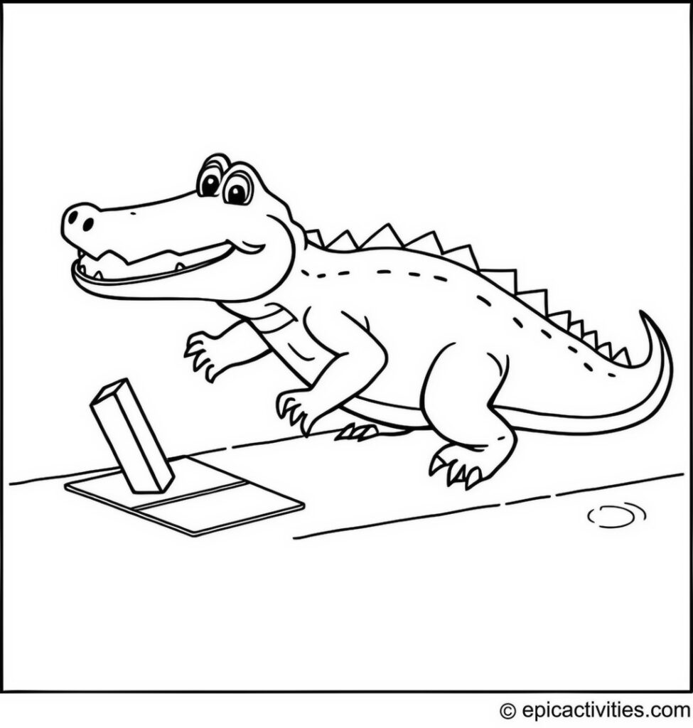 Coloring page of a Playful Alligator in a Chalk Hopscotch Game