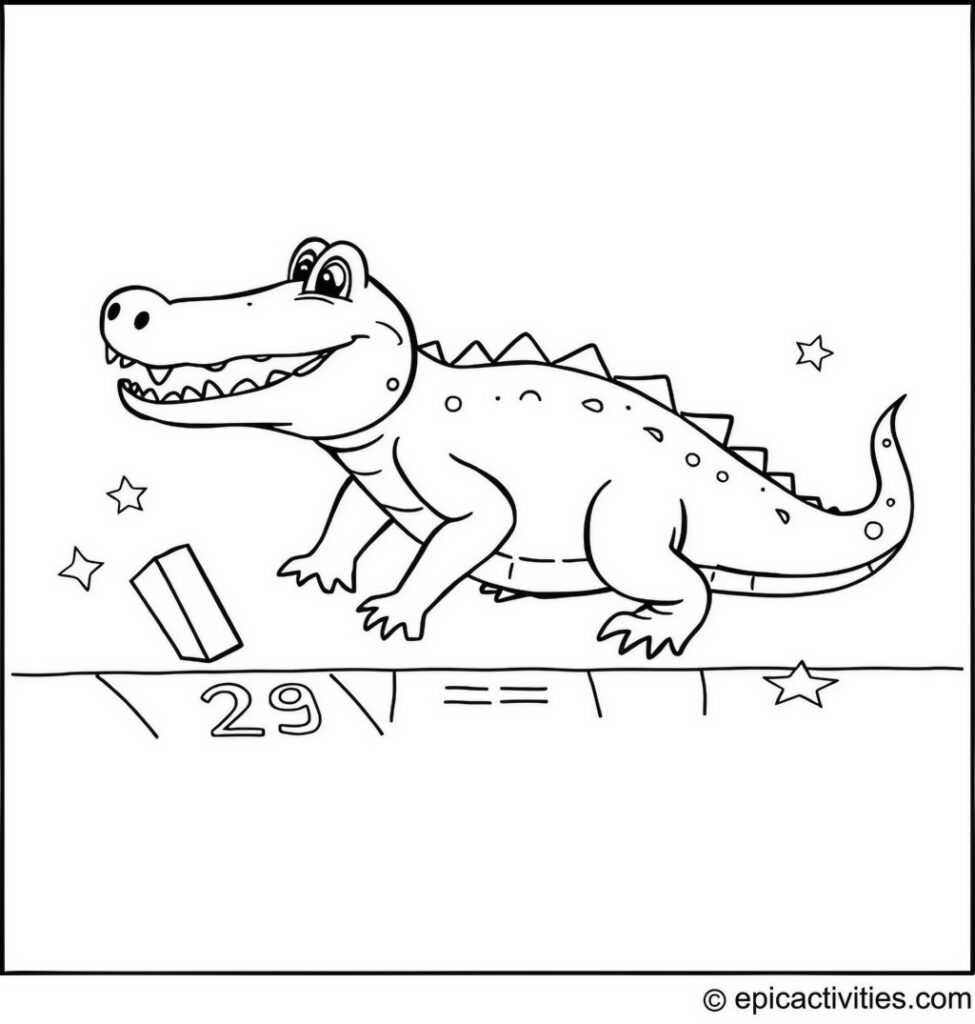 Coloring page of a Playful Alligator on a Chalk Hopscotch