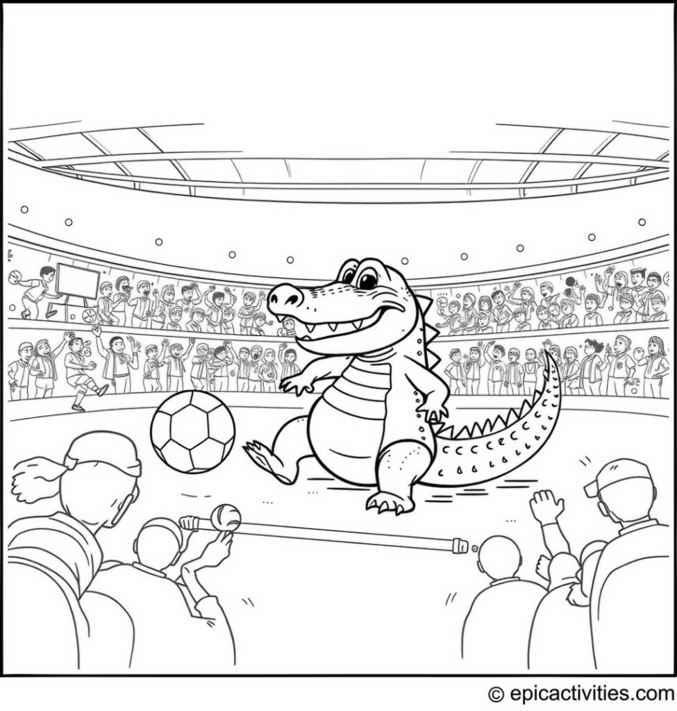 Coloring page of a Playful Alligator Playing Soccer
